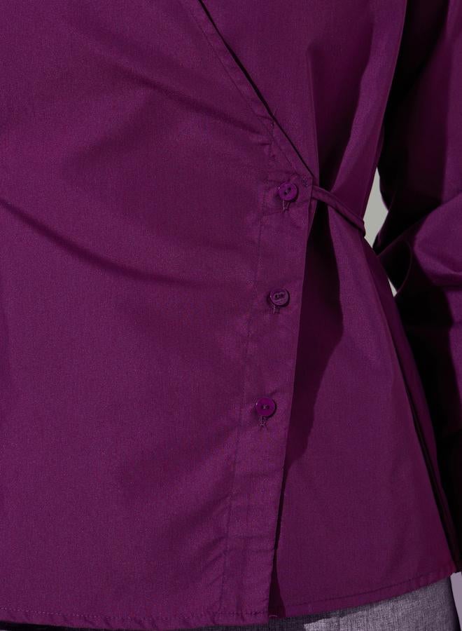 Styli Burgundy Solid Tie-Up Waist Collared Peplum Blouse - Image 4