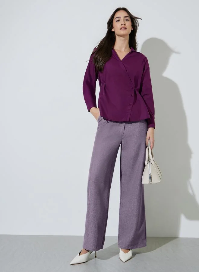 ستايلي Burgundy Solid Tie-Up Waist Collared Peplum Blouse