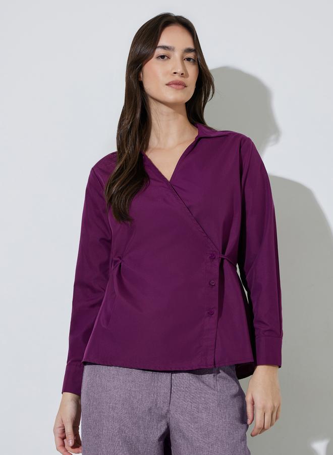 Styli Burgundy Solid Tie-Up Waist Collared Peplum Blouse - Image 3