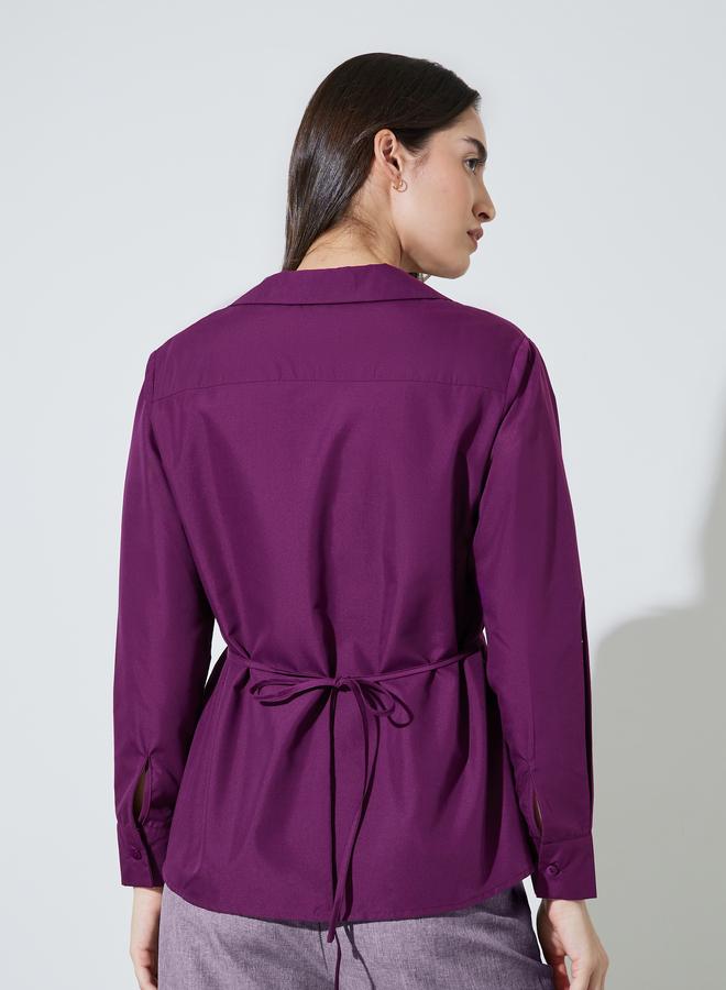 Styli Burgundy Solid Tie-Up Waist Collared Peplum Blouse - Image 5