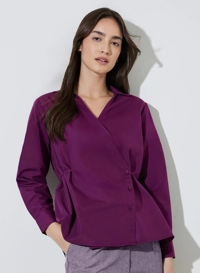 ستايلي Burgundy Solid Tie-Up Waist Collared Peplum Blouse