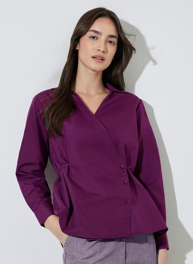 Styli Burgundy Solid Tie-Up Waist Collared Peplum Blouse - Image 1