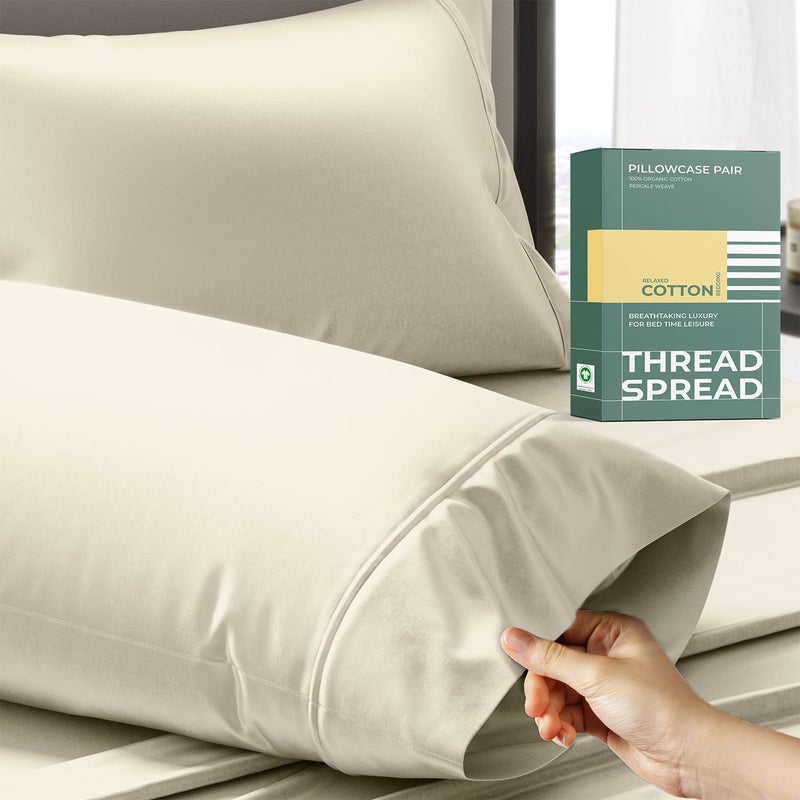 THREAD SPREAD 100% Organic Cotton King Size Pillow Cases Set of 2 - Natural Cooling Percale Weave Pillow Cases King Size (Ivory), Soft, Crisp & Breathable Organic Pillowcases, GOTS Certified - Image 1