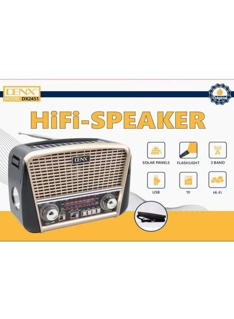 Denx Rechargeable Radio, Portable Radio AM FM Transistor with Best Sound, Solar/Battery Operated Radio, Support TF Card/USB Playing DX2451
