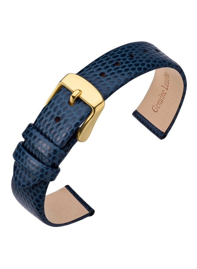 ANNEFIT Women's Leather Watch Band 13mm with Gold Buckle, Lizard Grain Slim Thin Replacement Strap (Blue) - Image 1