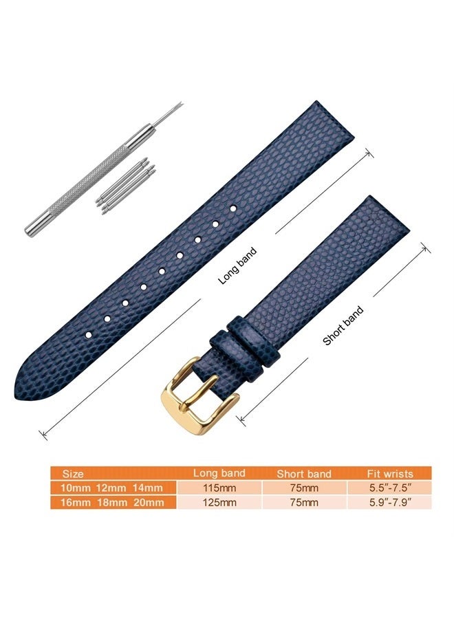 ANNEFIT Women's Leather Watch Band 13mm with Gold Buckle, Lizard Grain Slim Thin Replacement Strap (Blue) - Image 2