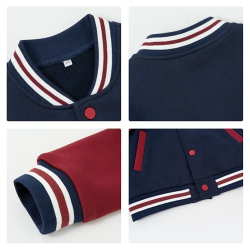 Volunboy Kids Baseball Jackets Boys Varsity Coats Button Down Patchwork Fall Winter Fleece Bomber Outerwear (Navy, 3-4T) - Image 4