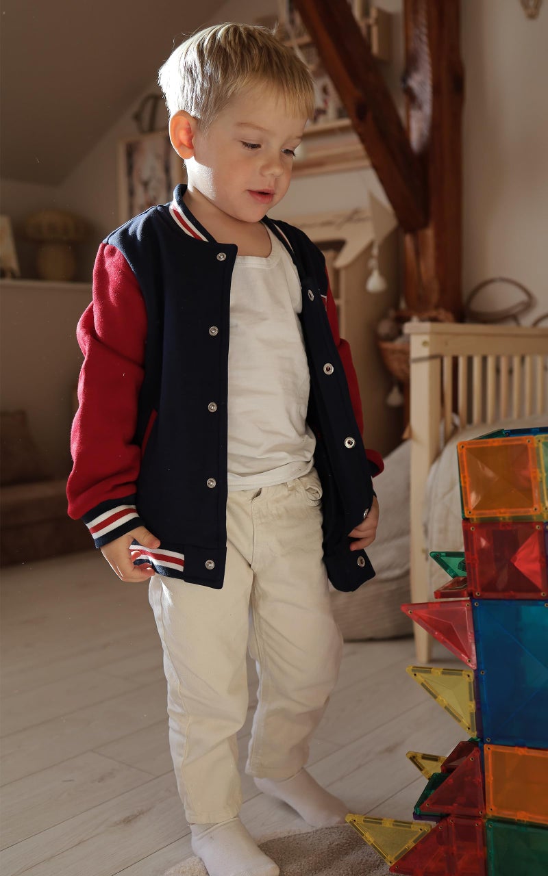 Volunboy Kids Baseball Jackets Boys Varsity Coats Button Down Patchwork Fall Winter Fleece Bomber Outerwear (Navy, 3-4T) - Image 3