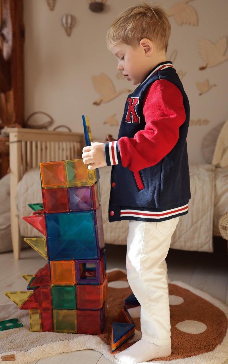 Volunboy Kids Baseball Jackets Boys Varsity Coats Button Down Patchwork Fall Winter Fleece Bomber Outerwear (Navy, 3-4T) - Image 2