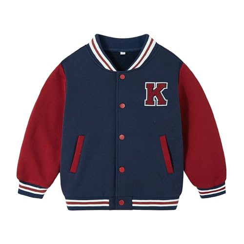 Volunboy Kids Baseball Jackets Boys Varsity Coats Button Down Patchwork Fall Winter Fleece Bomber Outerwear (Navy, 3-4T) - Image 1