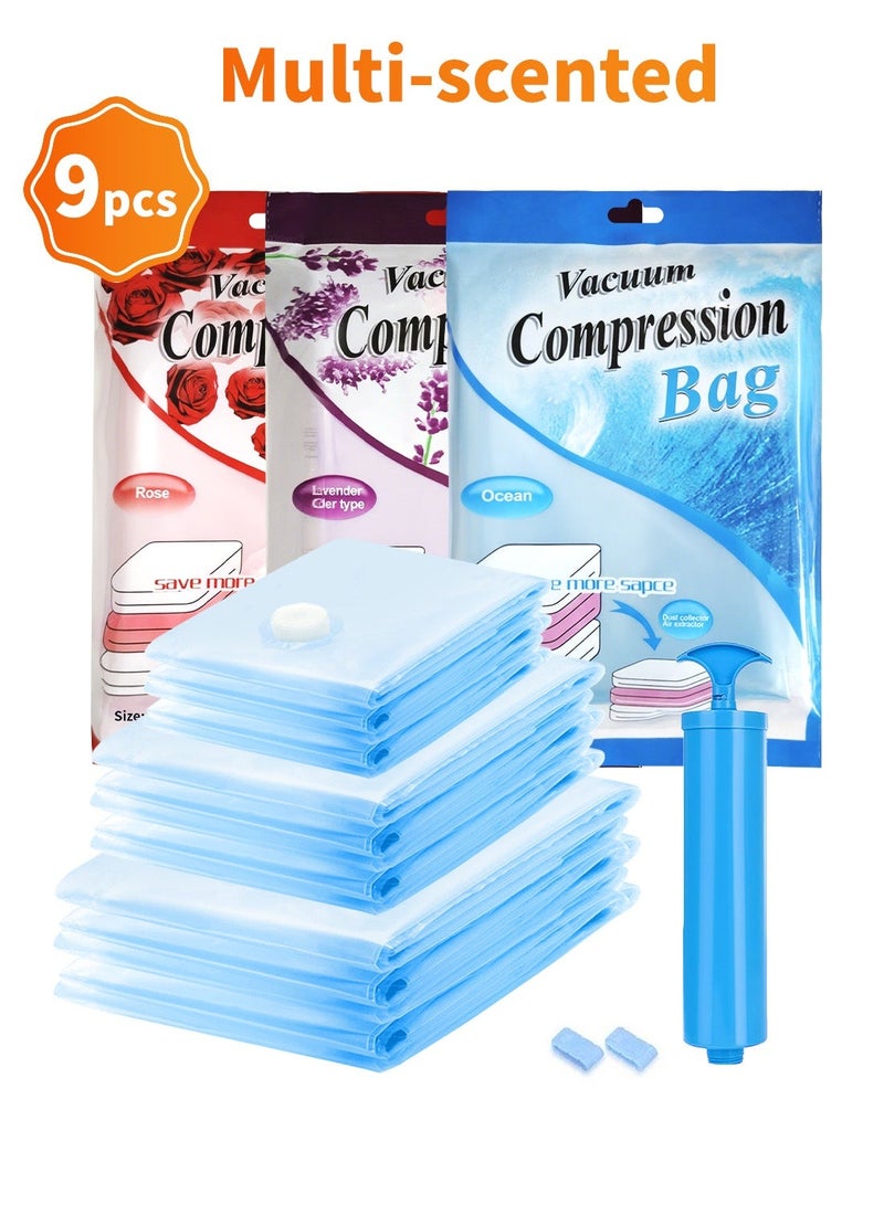 9 Pack Scented Vacuum Storage Bags Set with Hand Pump, Mixed Sizes Space Saver Bags (Medium 50×60cm, Large 60×80cm, Jumbo 70×100cm), Vacuum Compression Bags for Clothes, Coats, Duvets & Bedding, Closet Storage Organization, Underbed Storage & Travel Packing, Reusable Waterproof Vacuum Seal Bag Organizer - Image 1