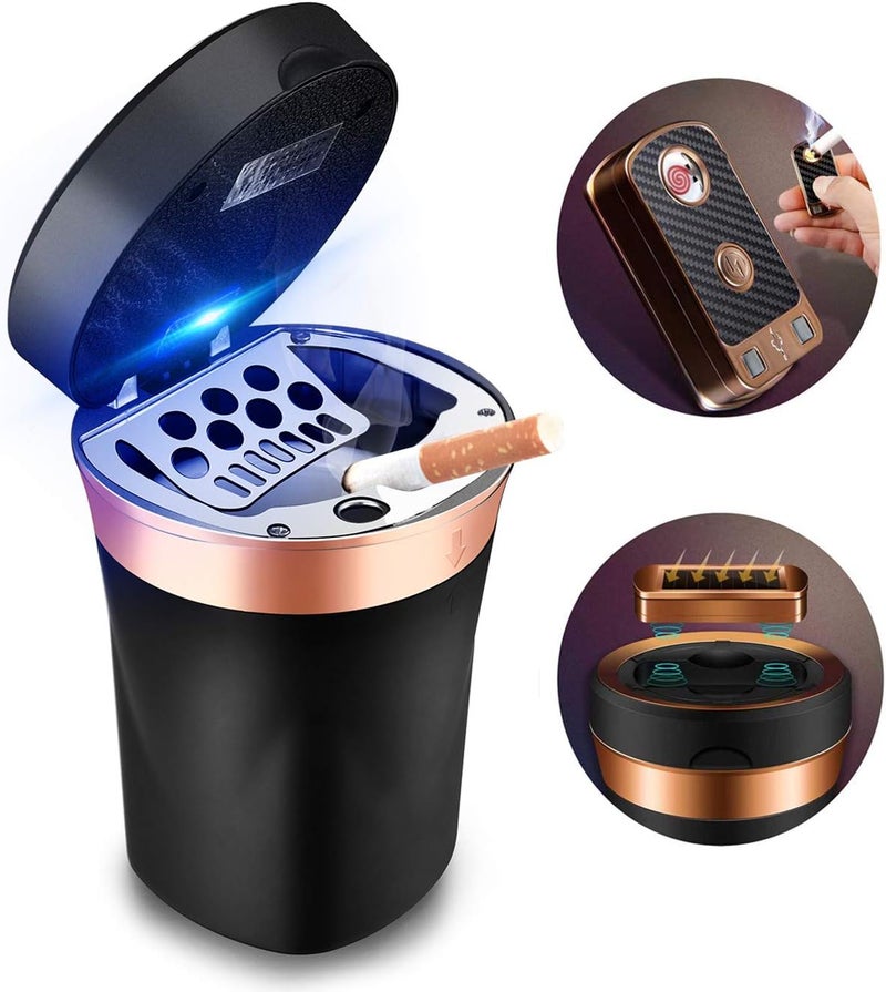 SOLARXIA Car Ashtray, Auto Ashtray Cigar Electronic Cigarette Lighter Detachable Solar Powered/USB Rechargeable with Lid Blue LED Light for Most Car Cup Holder Home Office (Black) - Image 1
