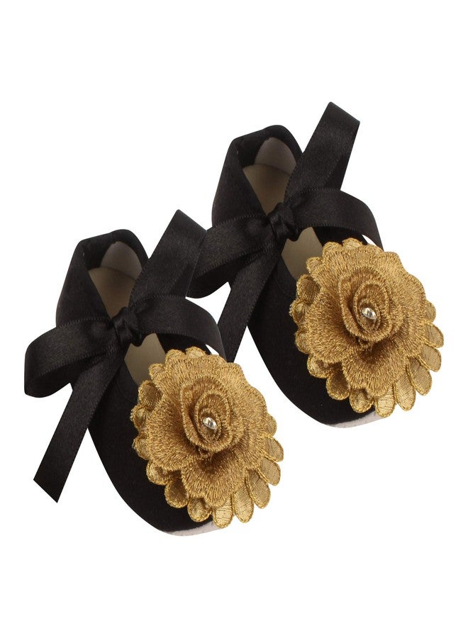 Coco Candy Baby Boys & Girls Black Ribbon New Born Infant Kids Booties with Golden Flower - Black, 3 Months to 6 Months - Image 1