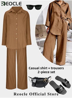 REOCLE Women 2 Pcs Outfits Cropped Sleeve Shirt Loose Pants Two-Piece Suit Lounge Sets Trendy Travel Vacation Outfits Tracksuit Clothes  - Image 2