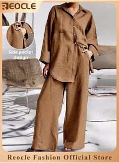 REOCLE Women 2 Pcs Outfits Cropped Sleeve Shirt Loose Pants Two-Piece Suit Lounge Sets Trendy Travel Vacation Outfits Tracksuit Clothes  - Image 1