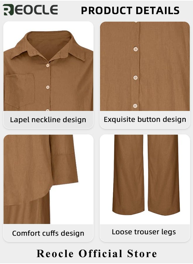 REOCLE - Women 2 Pcs Outfits Cropped Sleeve Shirt Loose Pants Two-Piece Suit Lounge Sets Trendy Travel Vacation Outfits Tracksuit Clothes - Image 1