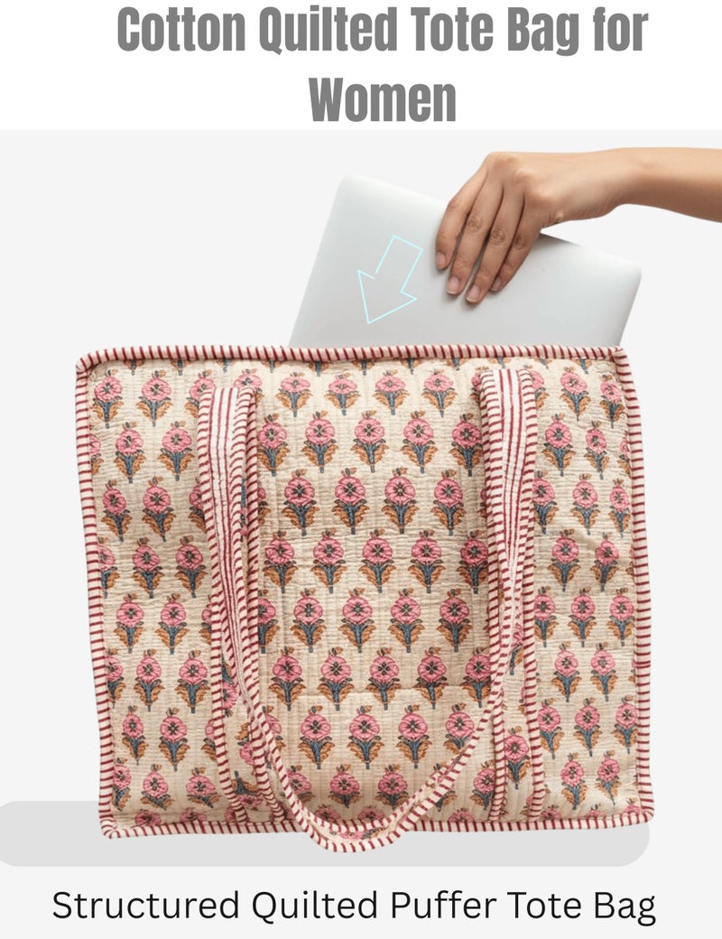 Third Eye Export 100% Cotton Quilted Tote Bag 18x16â€“ Large Zipper Beach Bag & Travel Bag Beige Purse Reusable Grocery Bags (Clam Up Blossom Pink Block Print) - Image 5