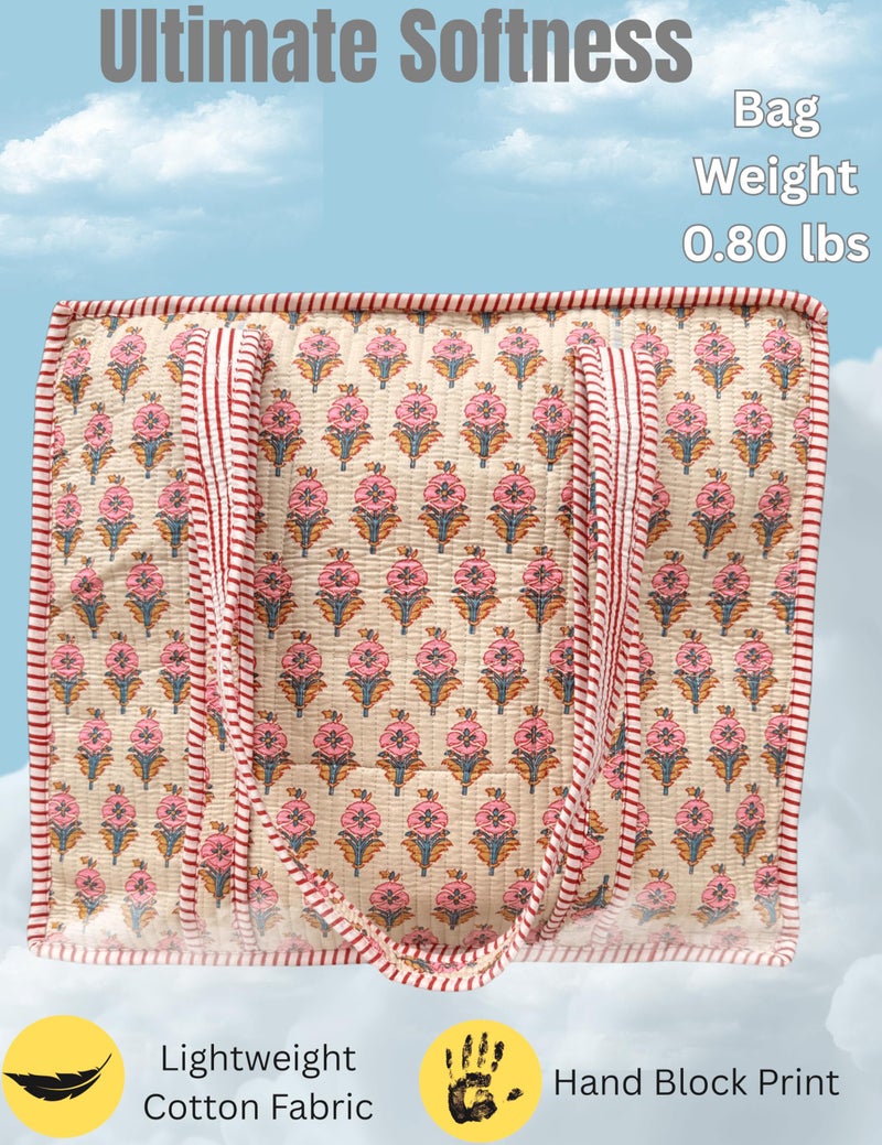 Third Eye Export 100% Cotton Quilted Tote Bag 18x16â€“ Large Zipper Beach Bag & Travel Bag Beige Purse Reusable Grocery Bags (Clam Up Blossom Pink Block Print) - Image 4