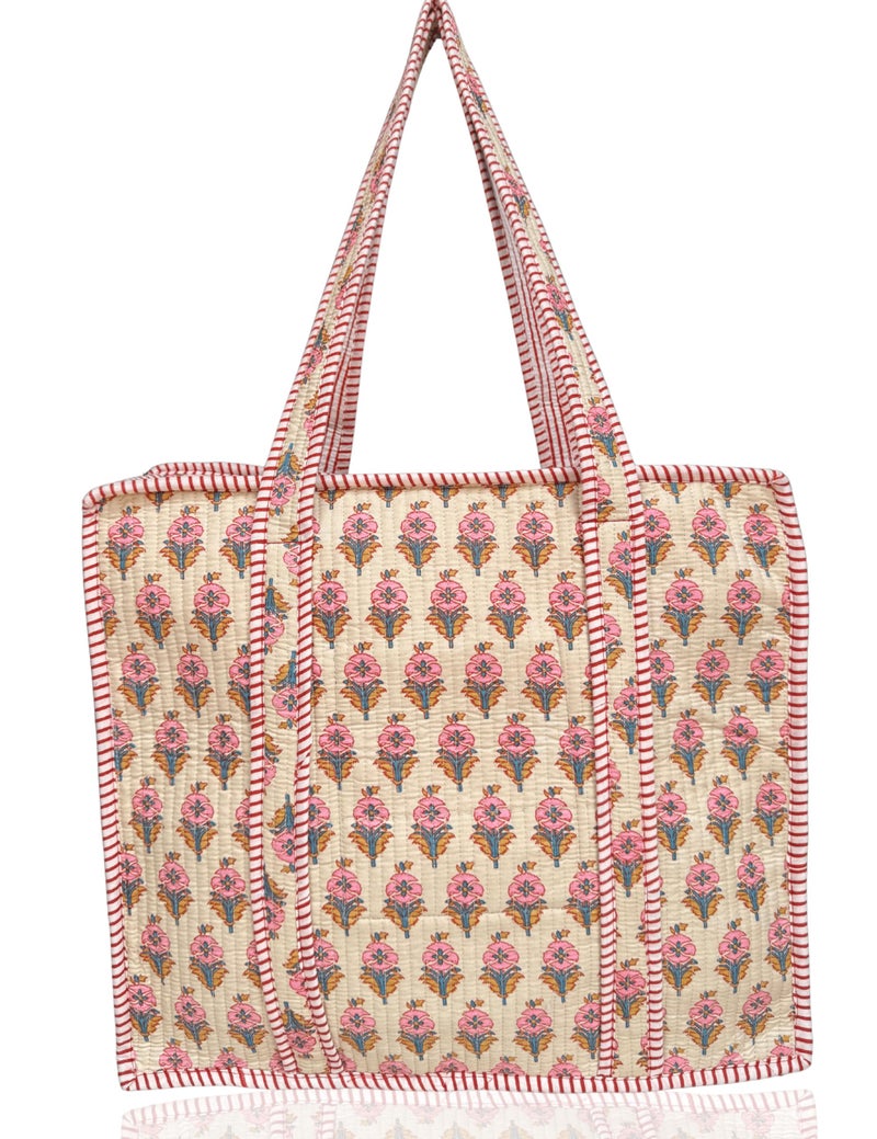 Third Eye Export 100% Cotton Quilted Tote Bag 18x16â€“ Large Zipper Beach Bag & Travel Bag Beige Purse Reusable Grocery Bags (Clam Up Blossom Pink Block Print) - Image 1