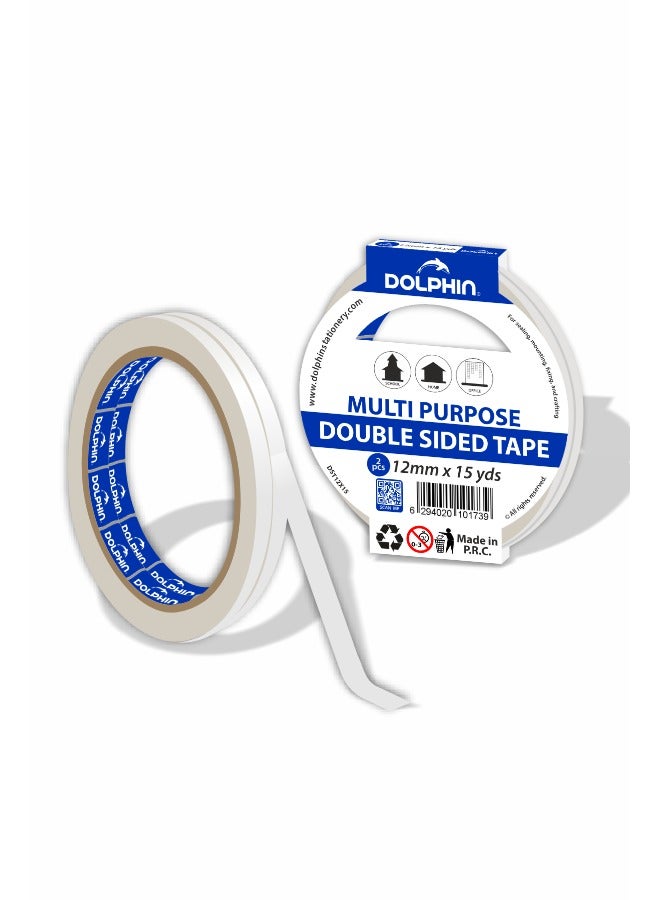 دولفين شريط لاصق مزدوج الوجه متعدد الاستخدامات من دولفين ½ بوصة × 15 ياردة – عبوة قطعتين، لاصق قوي قائم على المذيب وسهل القطع - Image 1