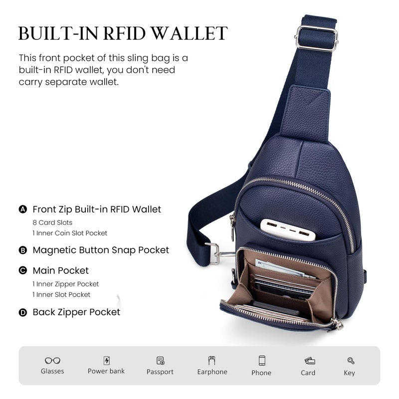 befen Soft Real Leather Small Crossbody Sling Bags for Women Anti-Theft Crossbody Waist Bag Handbags Purse with Built in RFID Wallet Navy Blue - Image 3