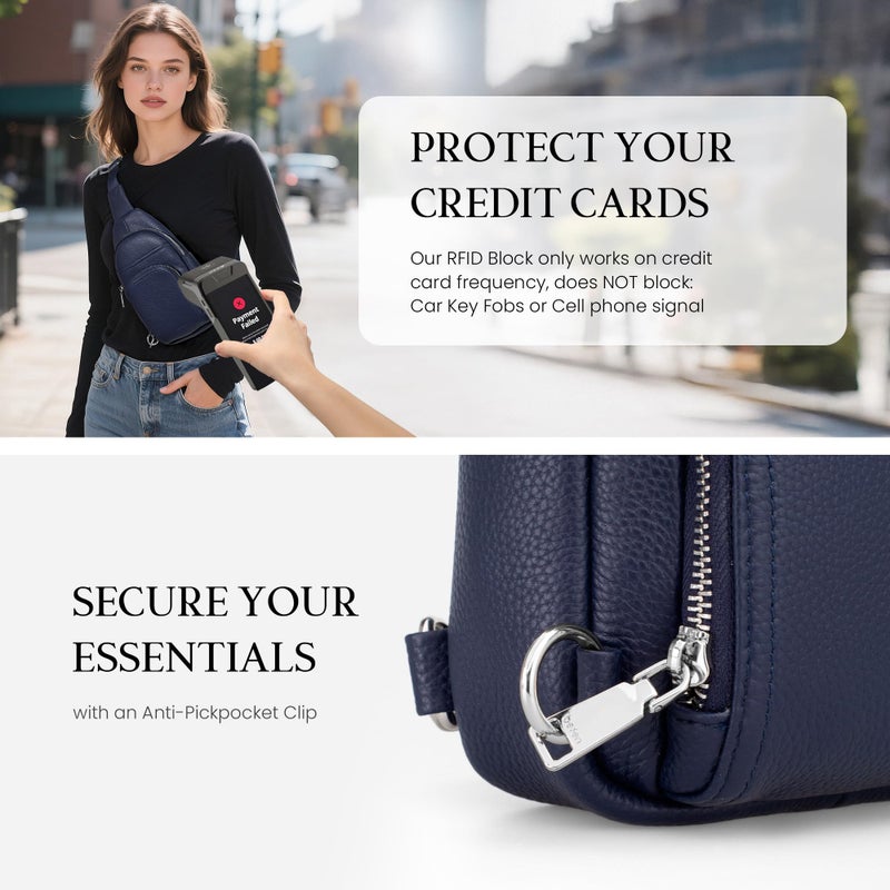 befen Soft Real Leather Small Crossbody Sling Bags for Women Anti-Theft Crossbody Waist Bag Handbags Purse with Built in RFID Wallet Navy Blue - Image 4