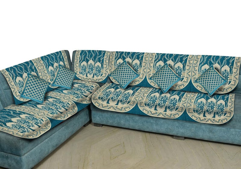 Dazzling Decor Heavy Velvet L Shape 6 Seater Sofa Cover with 5 Cushions AntiSlip Sofa Protector Covers Sofa Slipcovers for Living Room Home Dcor Couch Sky Blue - Image 2