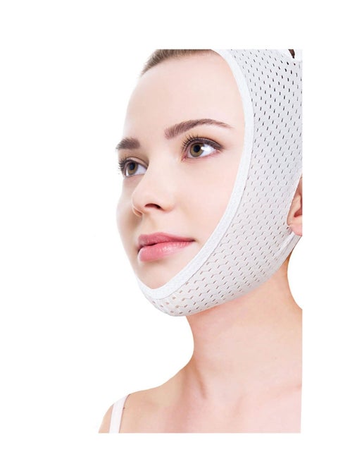 V-Line Face Lifting Mask with Double Chin Reducer Strap - Slimming and Tightening Bandage for a Youthful, Wrinkle-Free Appearance - Reusable and Washable White