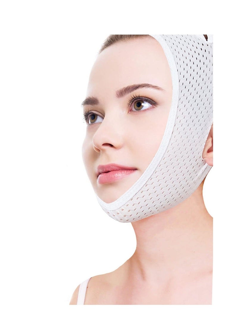 V-Line Face Lifting Mask with Double Chin Reducer Strap - Slimming and Tightening Bandage for a Youthful, Wrinkle-Free Appearance - Reusable and Washable White