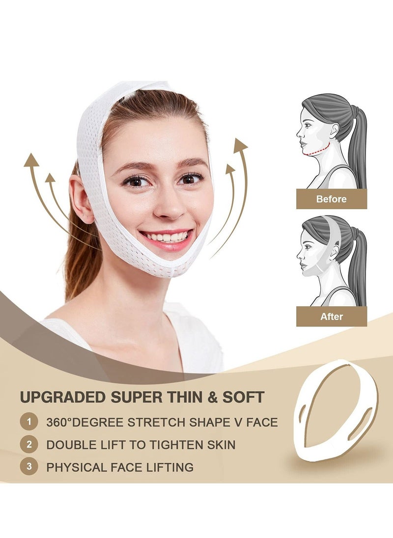 V-Line Face Lifting Mask with Double Chin Reducer Strap - Slimming and Tightening Bandage for a Youthful, Wrinkle-Free Appearance - Reusable and Washable White