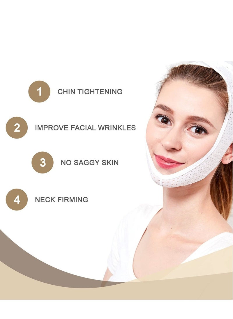 V-Line Face Lifting Mask with Double Chin Reducer Strap - Slimming and Tightening Bandage for a Youthful, Wrinkle-Free Appearance - Reusable and Washable White