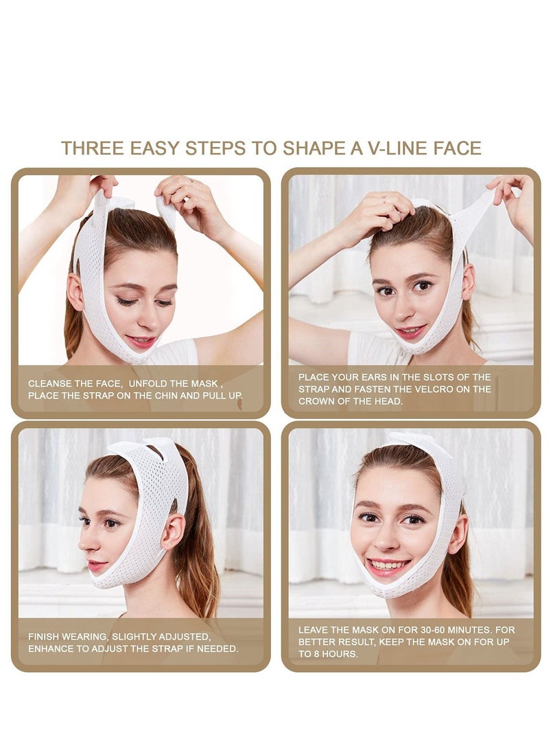 V-Line Face Lifting Mask with Double Chin Reducer Strap - Slimming and Tightening Bandage for a Youthful, Wrinkle-Free Appearance - Reusable and Washable White