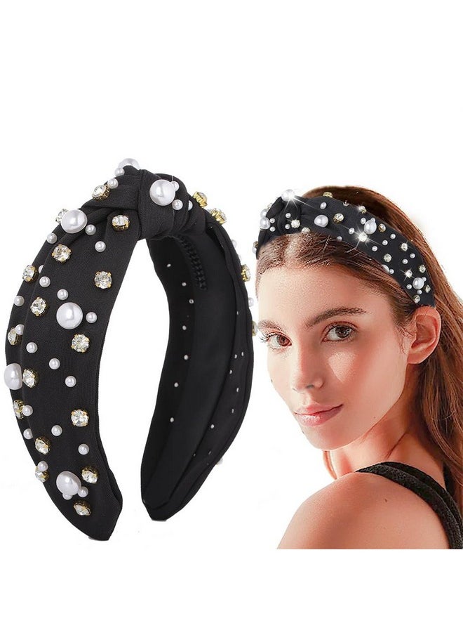 Blindery - Fashion Headband Rhinestone Knotted Headbands Top Knot Hair Top Knot Hair Teacher Headbands For Women And Girls (Black) - Image 1