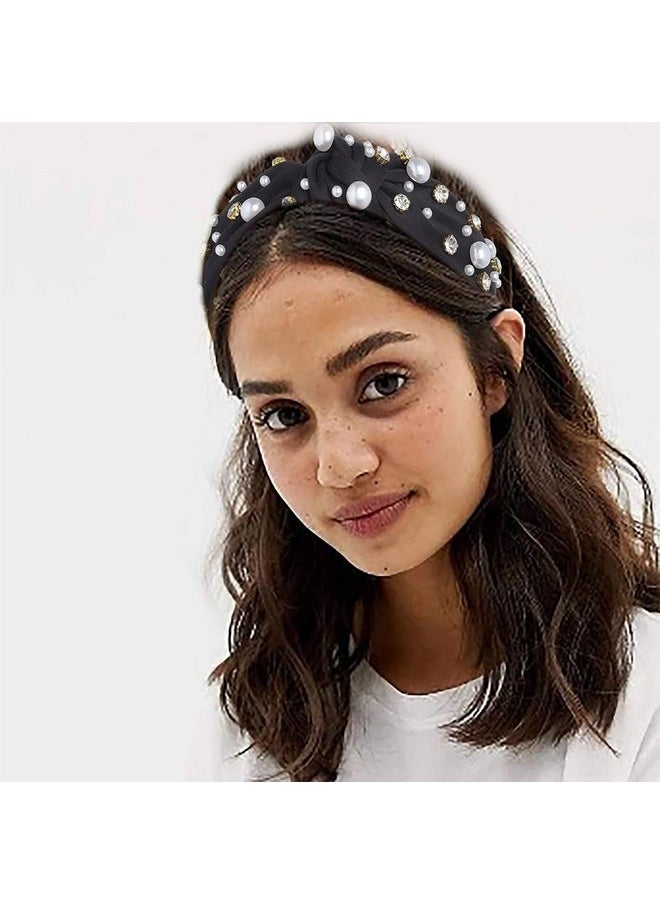 Blindery - Fashion Headband Rhinestone Knotted Headbands Top Knot Hair Top Knot Hair Teacher Headbands For Women And Girls (Black) - Image 1