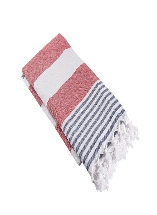 InfuseZen Terry Cloth Lined Turkish Bath & Beach Towel - Marine Stripe Design - 100% Organic Turkish Cotton - Soft, Lightweight, Absorbent - Quick Dry for Beach, Bath, Throw, Travel - Red/Navy - Image 1