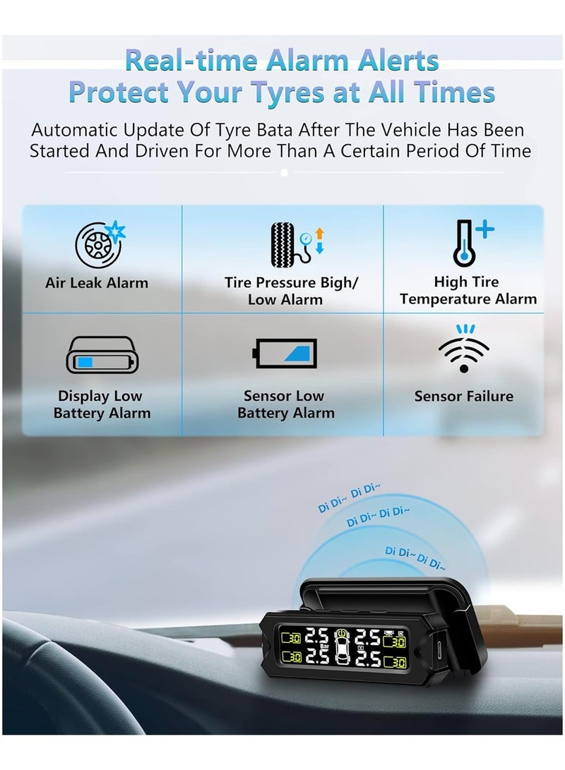 بوي نظام مراقبة ضغط الإطارات TPMS قابل للتعديل والإزالة مع شاشة شمسية لمراقبة ضغط الإطارات، مزود بـ 6 أنماط إنذار وكشف تلقائي في الوقت الحقيقي للسيارات، يدعم نطاق ضغط من 22 إلى 87 Psi - Image 4