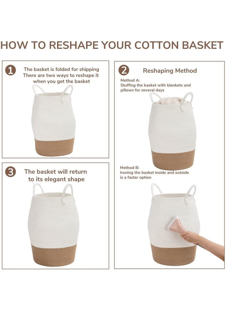 GRATIFY Mansa Traders Large Woven Rope Laundry Basket 60LTall Dirty Clothes Hamper with Handles Storage Blankets Toy for Bedroom Living Room Size12 16 inch Brown White  - Image 3