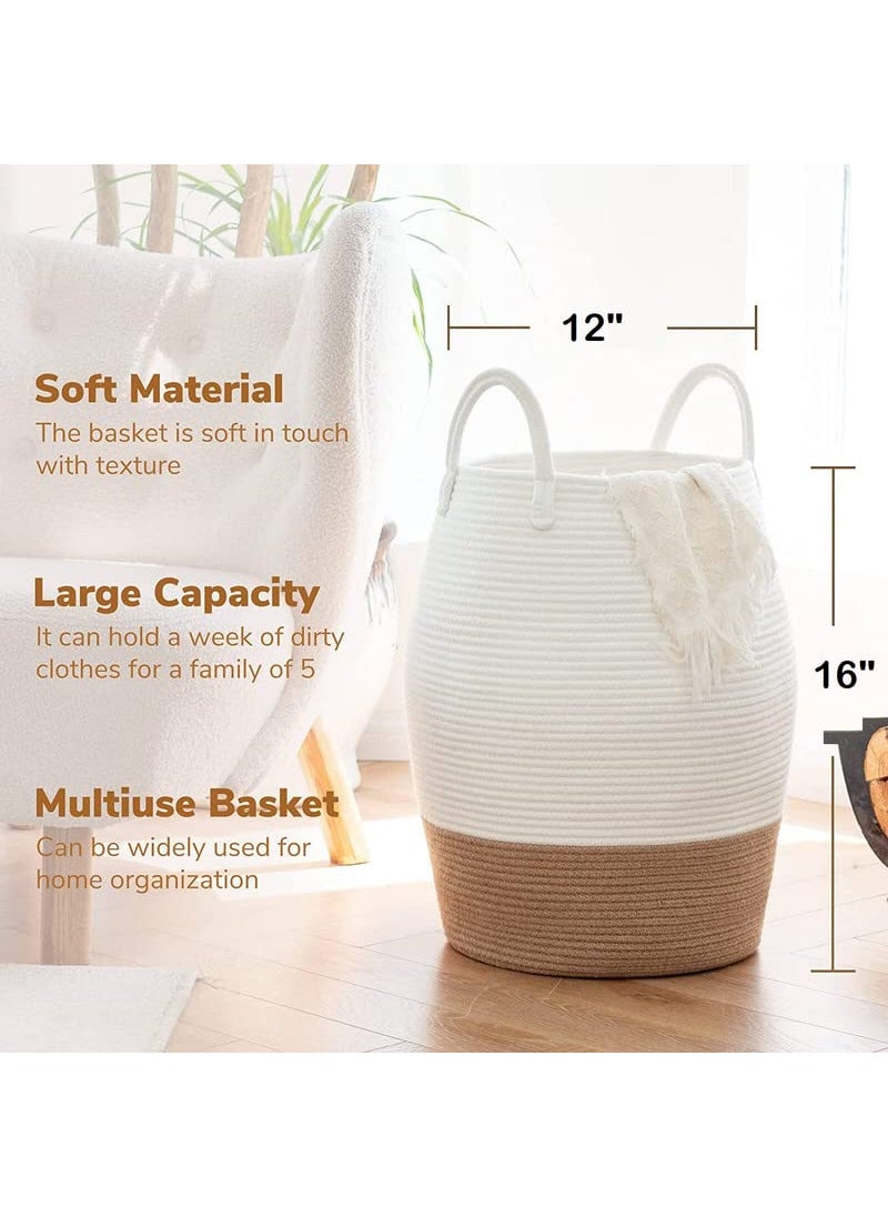 GRATIFY Mansa Traders Large Woven Rope Laundry Basket 60LTall Dirty Clothes Hamper with Handles Storage Blankets Toy for Bedroom Living Room Size12 16 inch Brown White  - Image 5