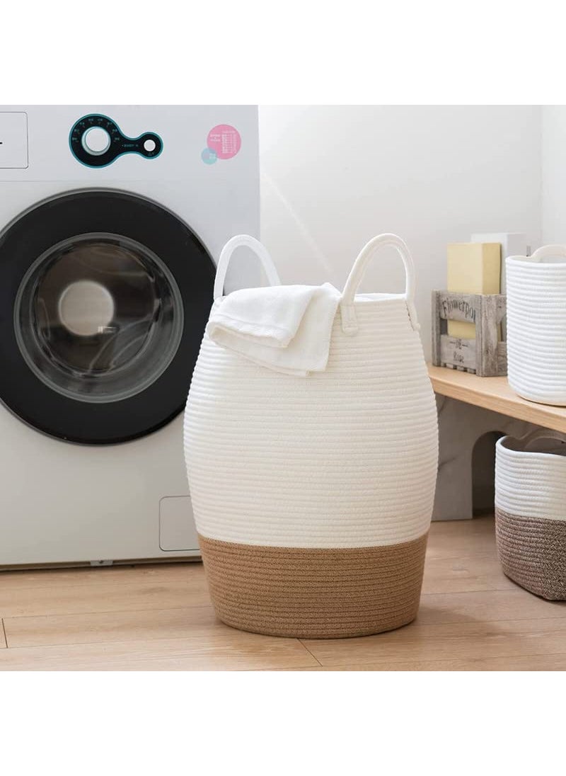 GRATIFY Mansa Traders Large Woven Rope Laundry Basket 60LTall Dirty Clothes Hamper with Handles Storage Blankets Toy for Bedroom Living Room Size12 16 inch Brown White  - Image 4
