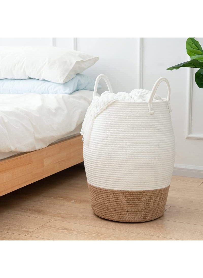 GRATIFY Mansa Traders Large Woven Rope Laundry Basket 60LTall Dirty Clothes Hamper with Handles Storage Blankets Toy for Bedroom Living Room Size12 16 inch Brown White  - Image 2