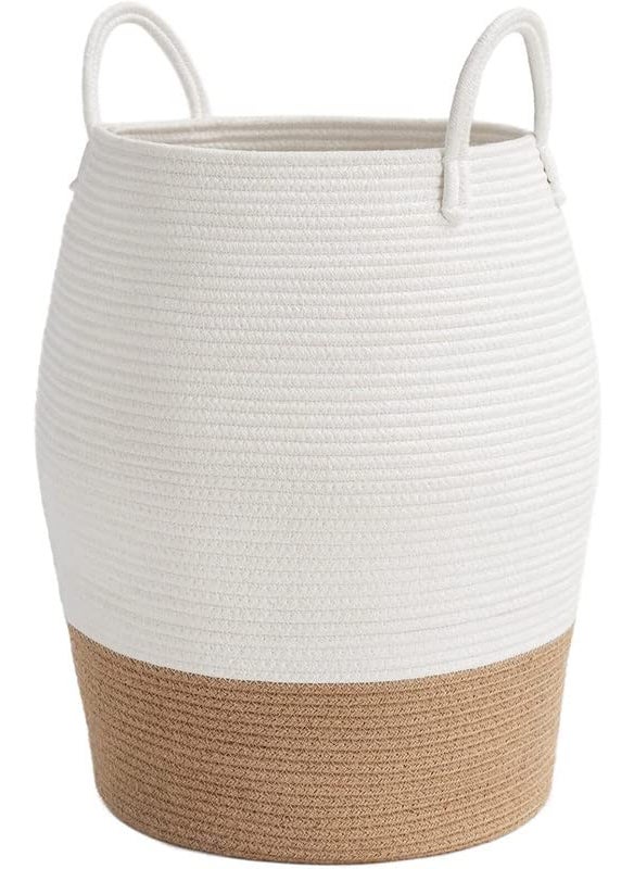 GRATIFY Mansa Traders Large Woven Rope Laundry Basket 60LTall Dirty Clothes Hamper with Handles Storage Blankets Toy for Bedroom Living Room Size12 16 inch Brown White  - Image 1