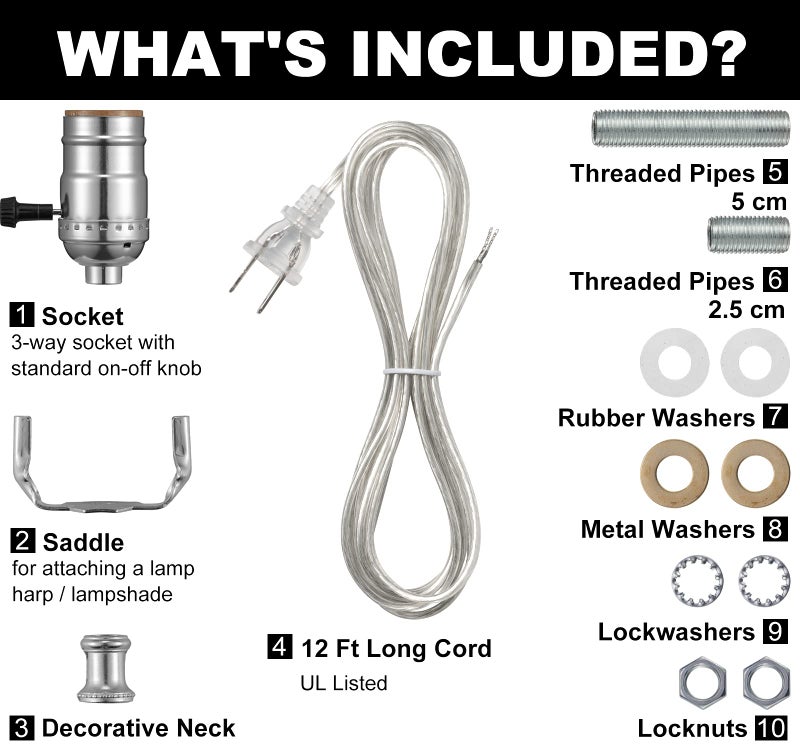 Qc Lamp Kits for Do It Yourself, Lamp Rewire Kit with 3-Way Lamp Socket and Essential Hardware, 12 FT Lamp Cord Replacement, Lamp Repair Kit for Table Lamps, Lamp Wiring Kit, Lamp Parts (Silver) - Image 2