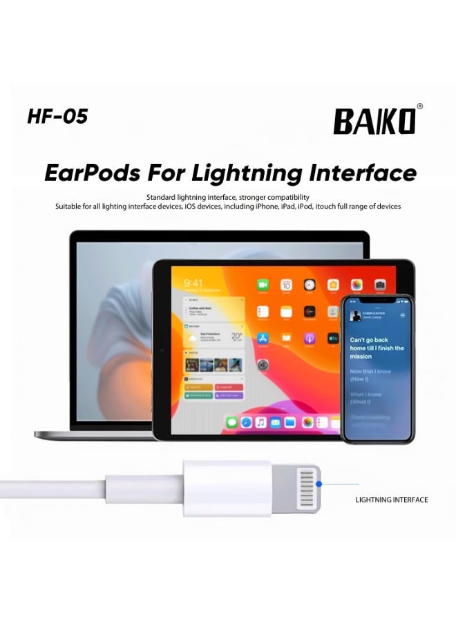 BAIKO HF05 Lightning Wired Earphones for iPhone & iPad, Stereo Sound In-Ear Earpods with Built-in Microphone, Soft TPE Cable, Comfortable Fit, Compatible with iOS Devices - White - Image 3