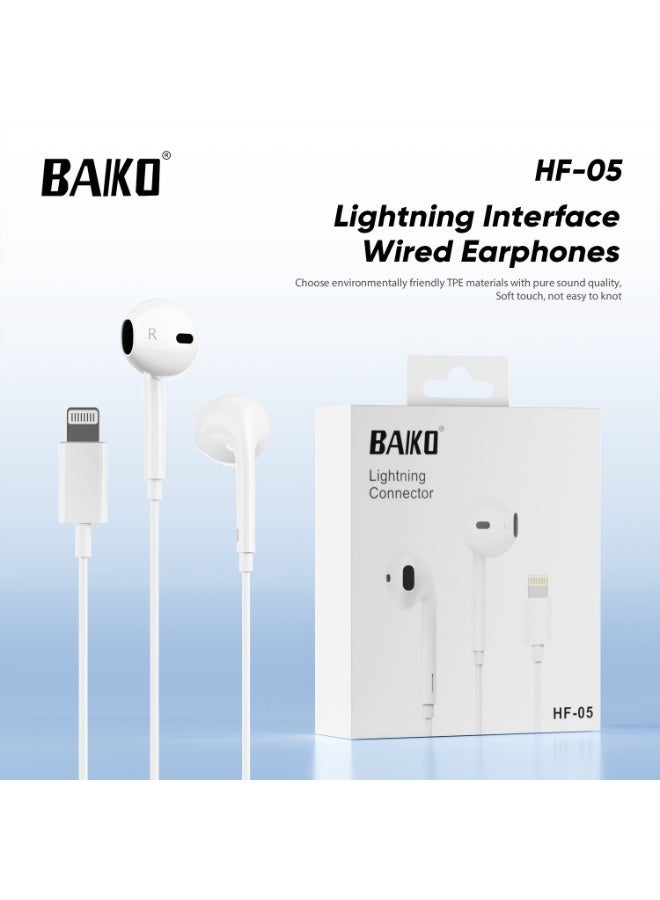 BAIKO HF05 Lightning Wired Earphones for iPhone & iPad, Stereo Sound In-Ear Earpods with Built-in Microphone, Soft TPE Cable, Comfortable Fit, Compatible with iOS Devices - White - Image 1
