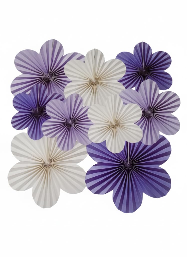 FI - FLICK IN 9 Pcs White and Purple Hanging Flower Paper Decorative Fan – for Party Decorations, Birthday, Wedding, Anniversary, Backdrop & Home Wall Décor (Pack of 9) - Image 5