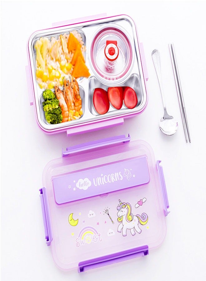 Student 304 Stainless Steel Four Grid Lunch Box Bento Box With Spoon And Chopsticks 1100 Ml  - Image 1