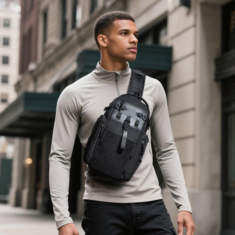 OZUKO Water-Resistant Oxford Tactical Anti-Theft Sling Bag for Men, 40 x 14 x 22 cm, Large Capacity Travel and Outdoor Bag, Black, 9844 - Image 2