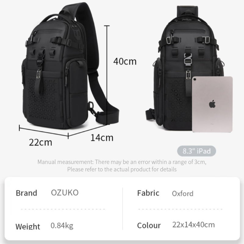 OZUKO Water-Resistant Oxford Tactical Anti-Theft Sling Bag for Men, 40 x 14 x 22 cm, Large Capacity Travel and Outdoor Bag, Black, 9844 - Image 5
