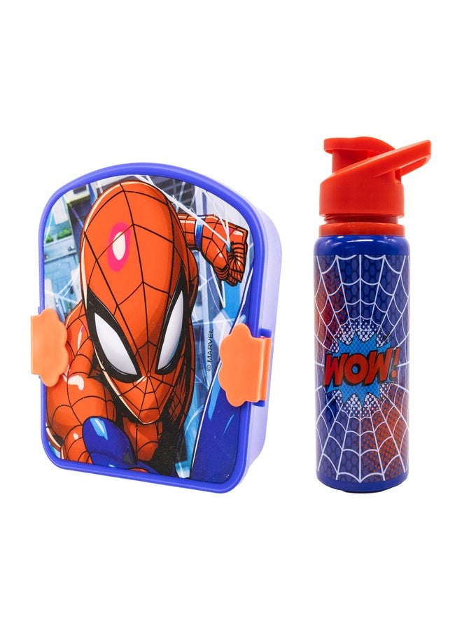 فاست فوروورد علبة غداء سبايدرمان من مارفل مع زجاجة ماء للأطفال | علبة غداء سبايدرمان مع أقسام وزجاجة ماء قابلة لإعادة الاستخدام | طقم غداء مدرسي للأطفال، علبة طعام - Image 1