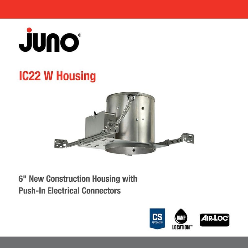 Juno 6 Inch Incandescent Ceiling Light Housing for New Construction, IC Rated Recessed Light, Adjustable Socket Plate, Damp Location UL Listed Can Lighting, Includes Push-in Electrical Connectors - Image 3